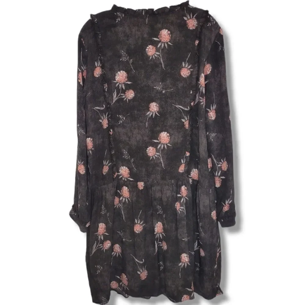 Caslon‎ Dress Sz S Pink Black Floral Print Long Sleeve Ruffle Accents Drop Waist